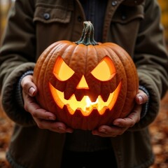  Hands holding glowing Jack-o'-lantern pumpkin with carved face in dark clothing
