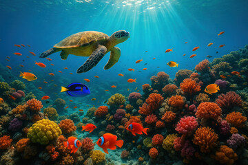 Turtle swimming over coral reef.