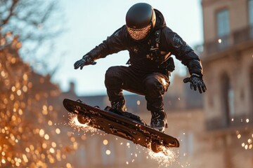 Exciting snowboarding performance in the city at sunset with dynamic sparks in the air