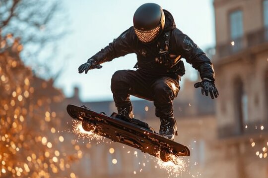 Exciting snowboarding performance in the city at sunset with dynamic sparks in the air