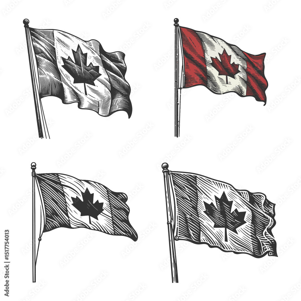 Poster canadian flag set collection bundle sketch engraving generative ai vector illustration. scratch boar