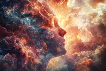 Cosmic visage embodies the universe within at twilight in a surreal cosmic landscape