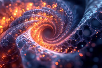 Vibrant swirling patterns in a cosmic landscape, showcasing complex structures and glowing particles