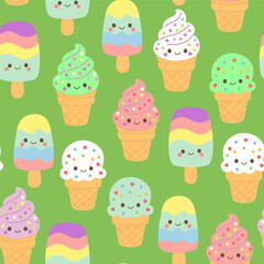 Cartoon dessert characters in a seamless pattern for creative projects. Great for textiles, web graphics, and packaging.