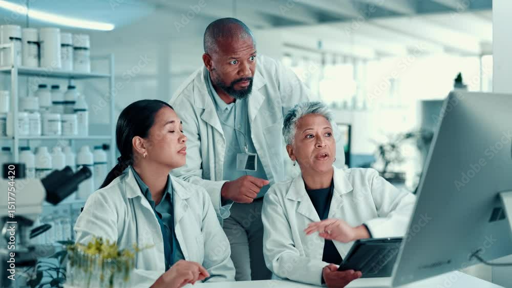 Poster group, people and scientist with tablet in lab for medical research, advice and botany report. staff