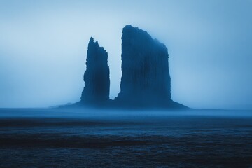 Towering rock formations rise through dense fog in a mysterious landscape during twilight hours