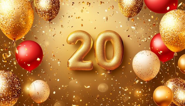 Golden Number 20 Balloons, Festive Background With Confetti For 20th Birthday Celebration