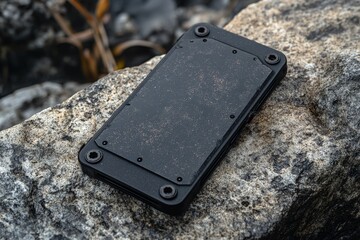 Durable black wallet resting on rugged stone by a riverbank during overcast weather