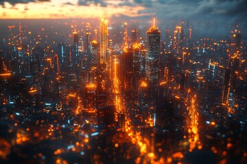 City skyline illuminated by neon lights at dusk with vibrant colors creating a dynamic urban landscape