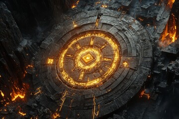 Mysterious ancient circular platform glowing with lava in a dark cavern setting during twilight hours