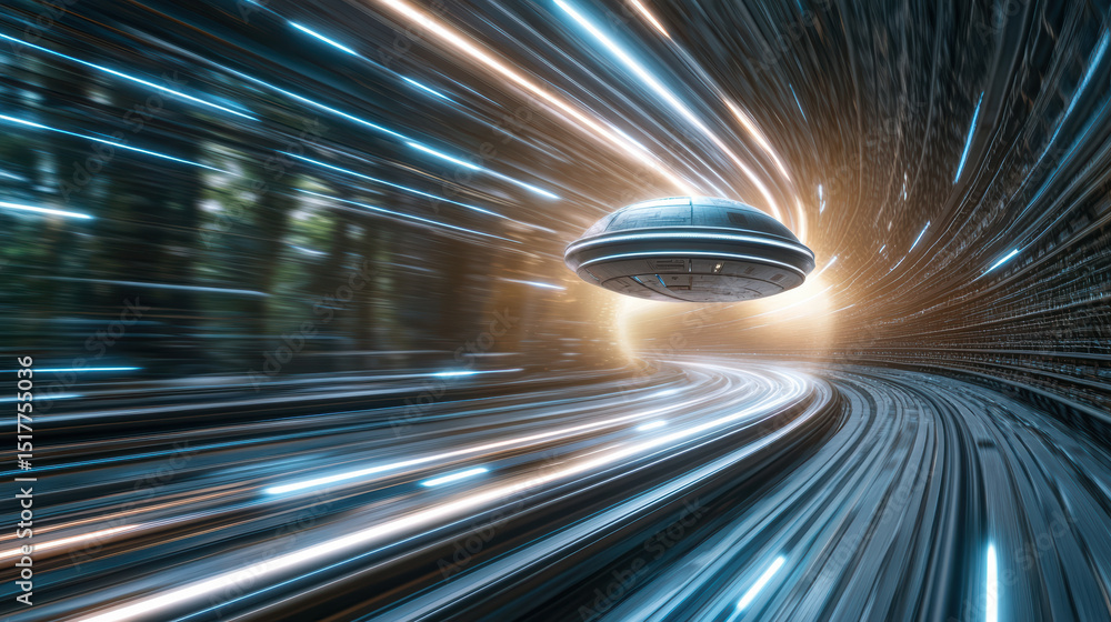 Poster metallic starship moves swiftly through warp gate, creating stunning visual of light trails
