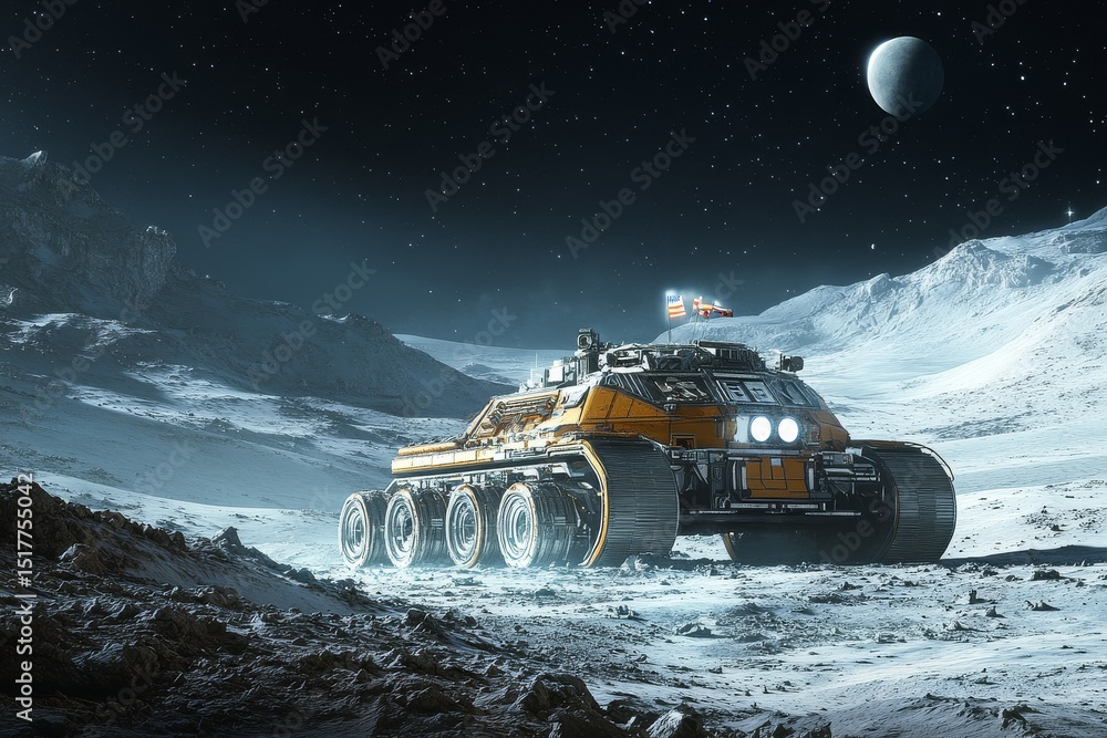 Poster exploration rover on a lunar surface under a starry sky with a distant planet in view