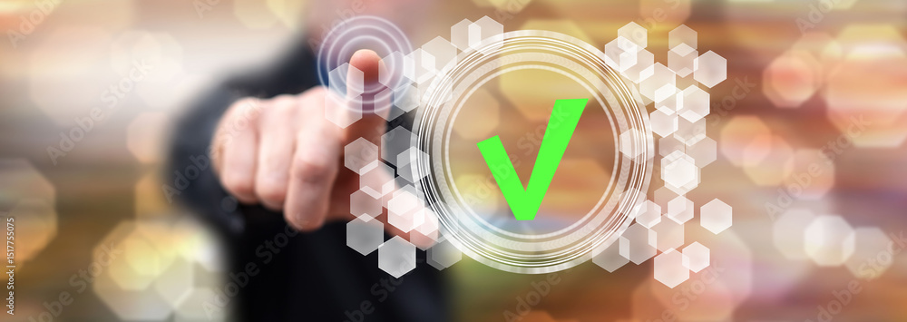 Wall mural man touching a validation process concept