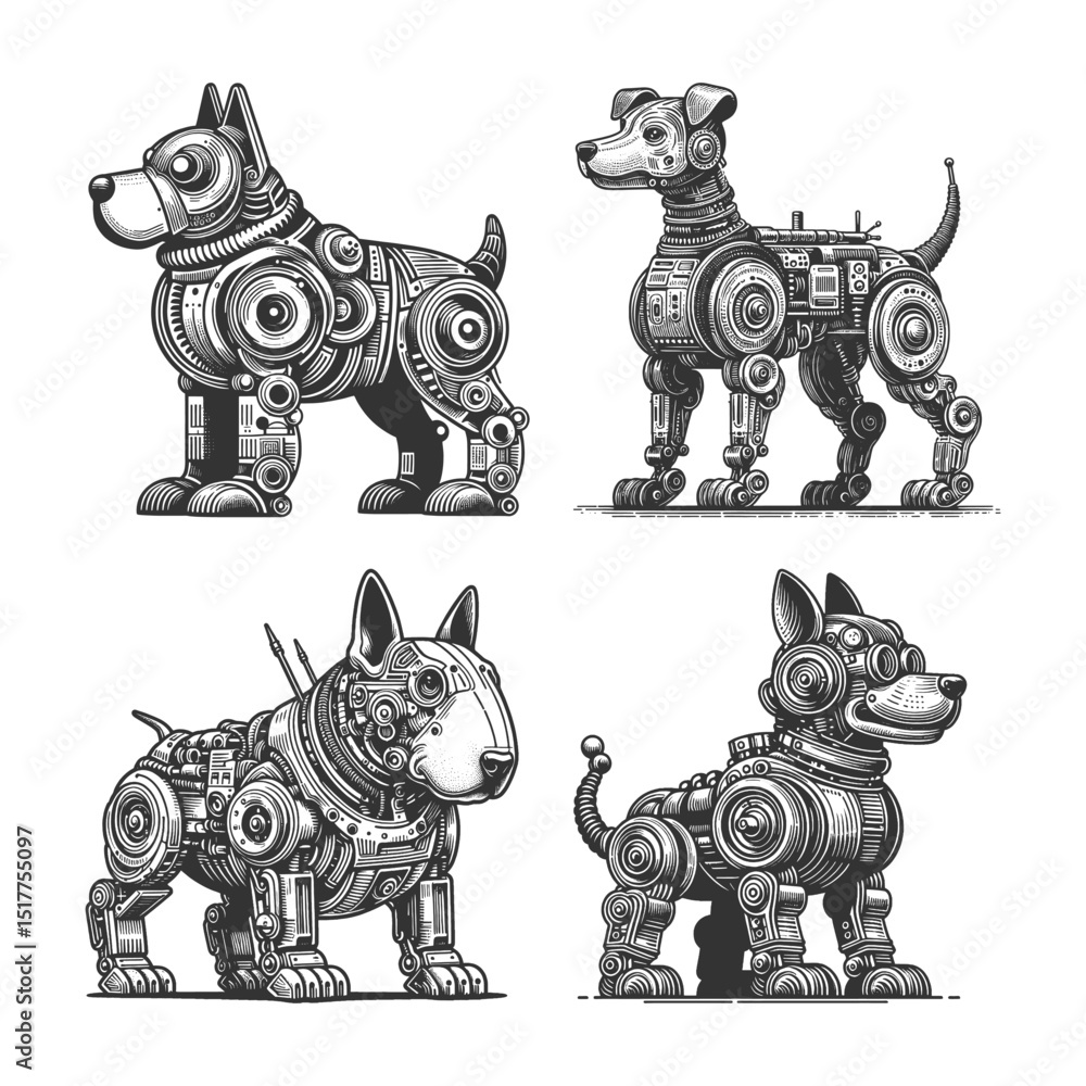 Poster robotic dog set collection bundle sketch engraving generative ai vector illustration. scratch board 