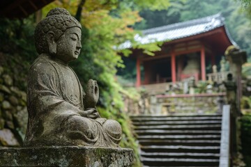 Serene Buddha statue overlooks ancient temple steps in tranquil forest setting during early morning light