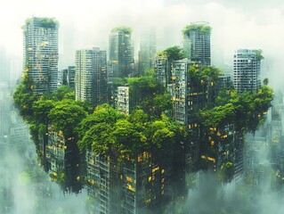 Naklejka premium Futuristic Eco-City Landscape with Verdant Vegetation and Misty Atmosphere