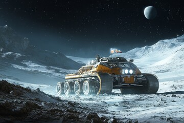 Exploration rover on a lunar surface under a starry sky with a distant planet in view