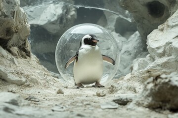 Penguin exploring its habitat within a transparent enclosure at an aquarium during a sunny afternoon