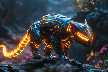Futuristic robotic feline exploring a neon-lit alien landscape at dusk