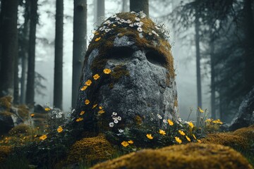 Moss-covered stone with flowers in dense forest during misty morning