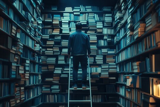 Person standing on ladder in a vast library filled with books, exploring knowledge and discovery