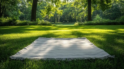 Nature picnic setup on a sunny afternoon in a lush green park with a blanket laid out on the grass