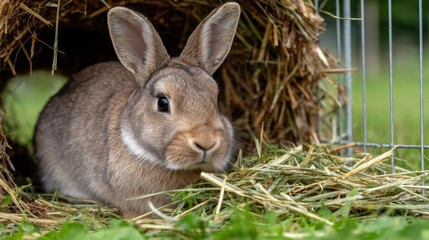 Fototapeta premium A brown and white rabbit sits at the entrance of a hay-filled burrow near a wire fence.