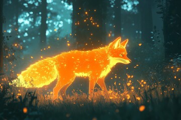 Vibrant fox walks through an enchanted forest illuminated by glowing fireflies at twilight