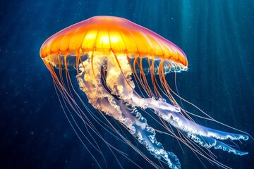 Colorful jellyfish gracefully gliding through the deep ocean waters during a serene underwater exploration