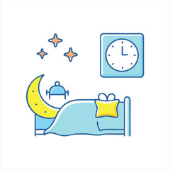 Bedtime illustration showing a bed with moon, stars and a clock on the wall