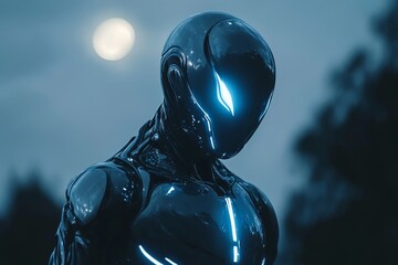 Futuristic robot stands under a bright moon in an urban landscape at dusk showcasing advanced technology and design