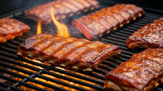 Barbecue ribs are sizzling on grill, flames dancing around edges. Rich caramelized glaze and smoky texture. inviting atmosphere for bbq food lovers and culinary showcases