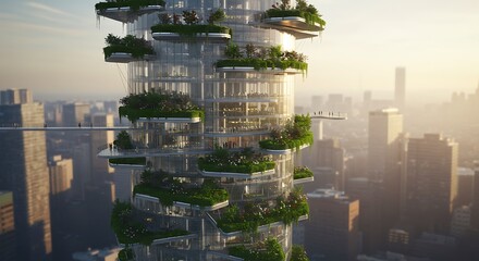 Obraz premium Futuristic Green Skyscraper with Sky Bridges and Lush Gardens in Cityscape