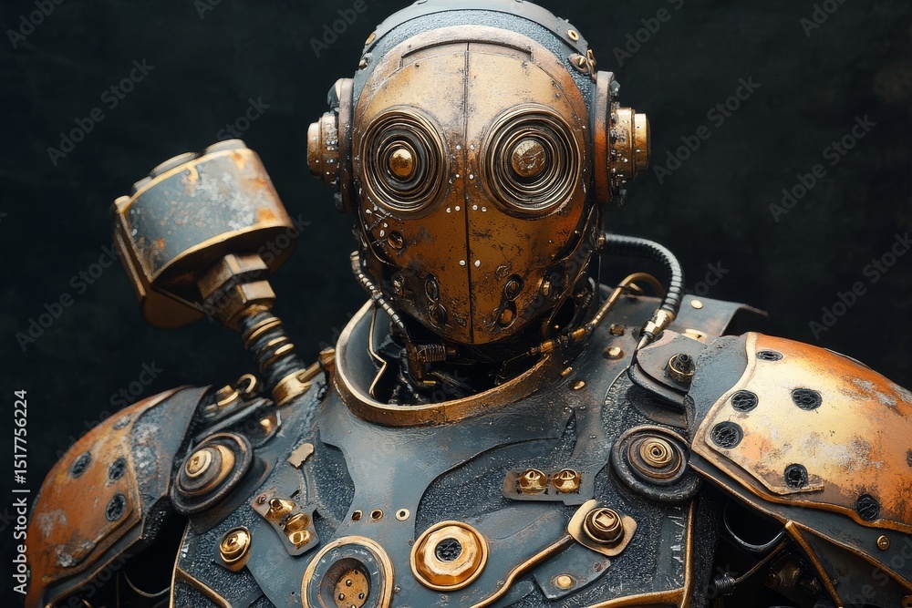 Poster rusty robot with intricate detailing showcases steampunk design in a mysterious environment