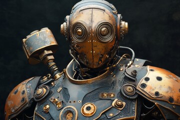 Rusty robot with intricate detailing showcases steampunk design in a mysterious environment