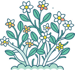 Stylized floral bush illustration with teal leaves and multicolored flowers on black