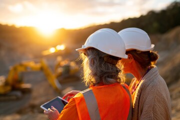 Female construction workers overseeing excavation at sunrise with digital tablet