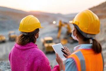 Female engineers overseeing construction site at sunset