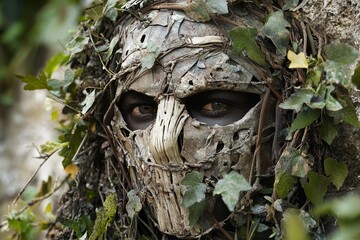 Warrior in nature-inspired disguise observes surroundings while hidden among greenery and rocks