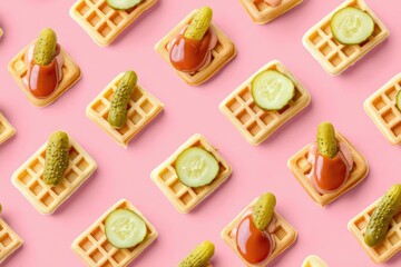 Creative Food Flat Lay Featuring Mini Waffles Topped With Ketchup and Pickle Slices Against a Pink Background, Showcasing an Artistic Culinary Arrangement Perfect for a Fun Dining Experience
