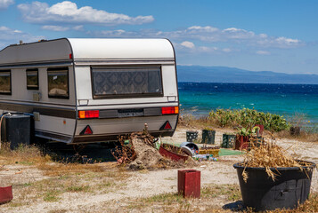 caravan camping on the beach Afytos On the island of Chalkidiki in Greece on the Mediterranean 
