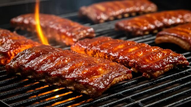 Barbecue ribs are sizzling on grill, flames dancing around edges. Rich caramelized glaze and smoky texture. inviting atmosphere for bbq food lovers and culinary showcases