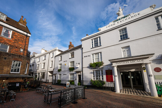 Tunbridge Wells, Kent, UK - Sep 24 2023: The Pantiles, a Georgian colonnade in Royal Tunbridge Wells. View of the Corn Exchange. The historic Pantiles is a popular tourist attraction. 