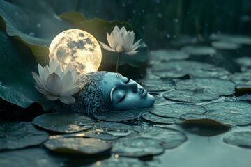 Serene moonlit lotus pond with a tranquil sculpture and blooming flowers at night