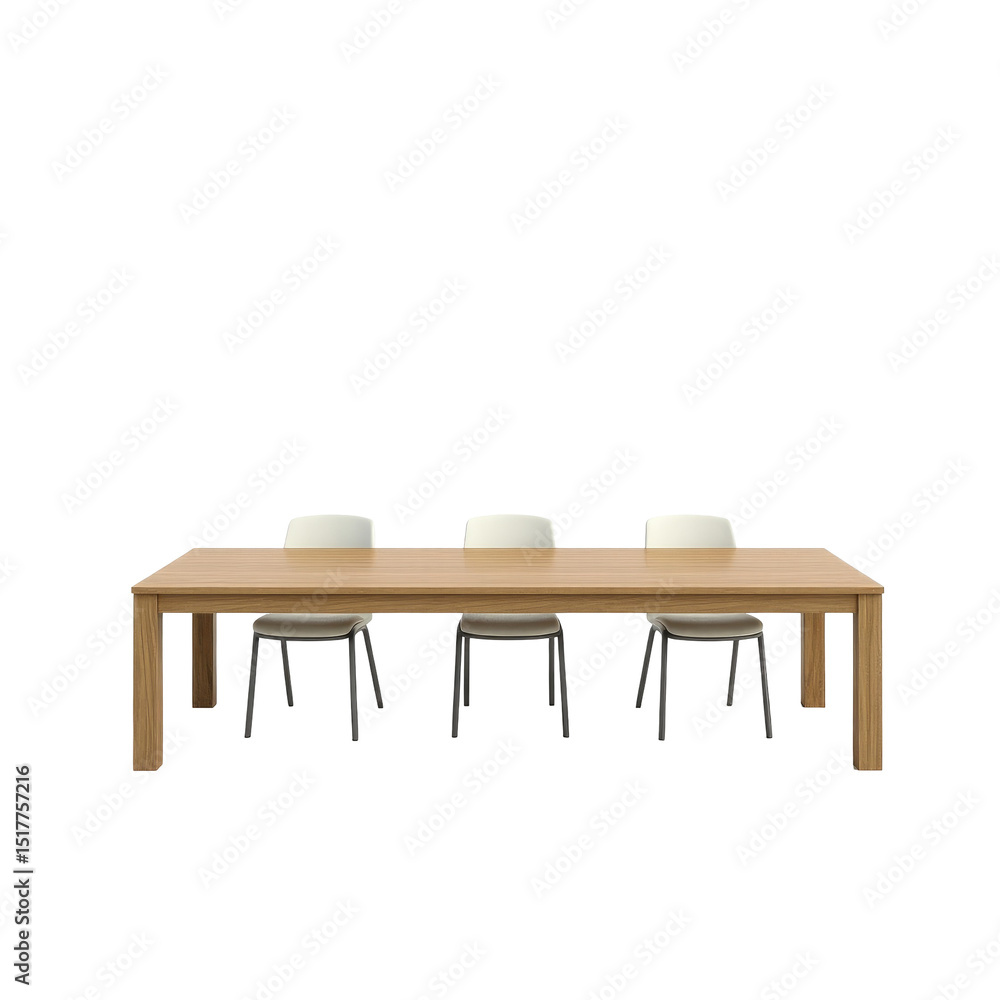 Poster wooden dining table with four modern chairs arranged in isolated transparent background emphasizing 