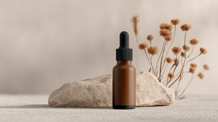 Minimalist amber dropper bottle with dried flowers on beige background