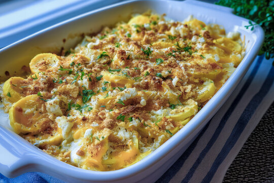 Baked yellow squash casserole with bread crumbs and feta cheese topping