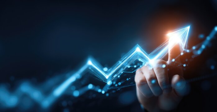 Hand points to glowing upward trend graph