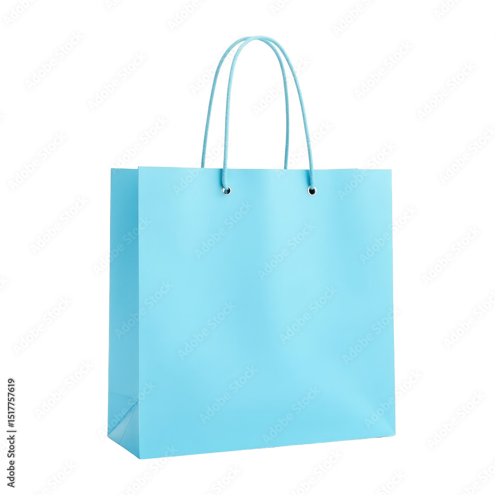 Poster light blue paper shopping bag with handles isolated on a transparent background showcasing different