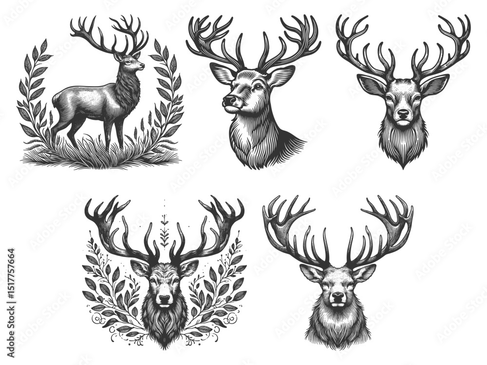 Poster deer and stags set collection bundle sketch engraving generative ai vector illustration. scratch boa